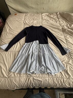 Long-Sleeve Navy Knit and White Striped Tiered Girls' Dress